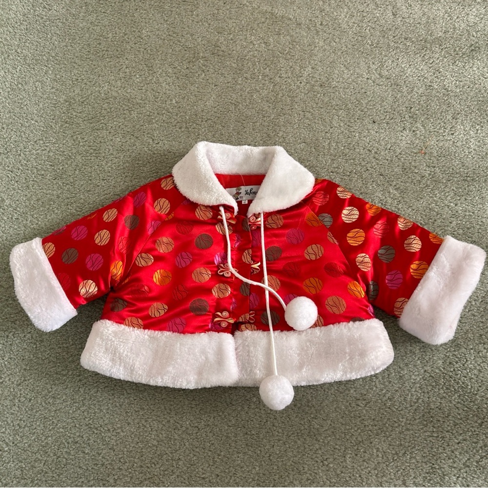 Traditional Chinese baby red Jacket/Coat with faux fur trimming